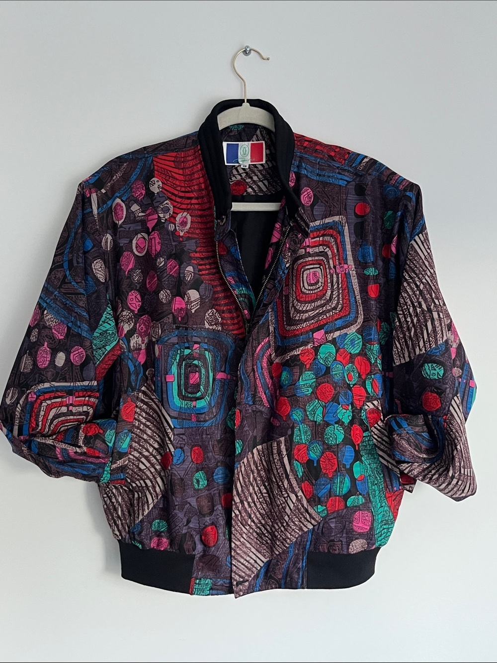 Vintage Multicolor Abstract Bomber Jacket with Black Trim